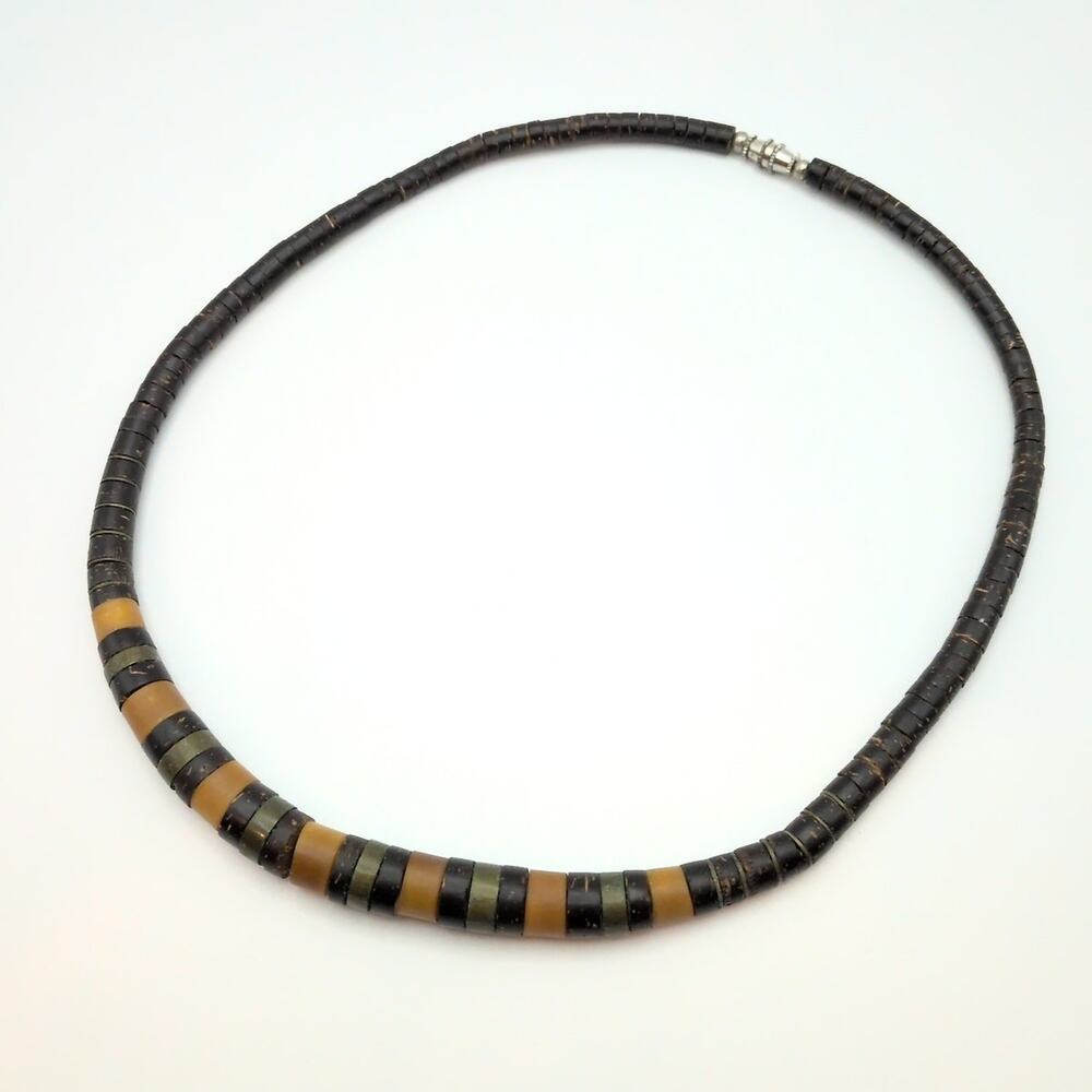 VTG Brown Coconut Orange Heishi Graduated Beaded Necklace Shell Metal 18.5in